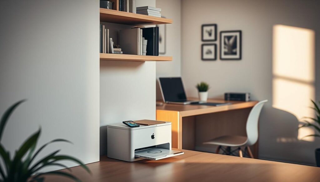 A modern workspace featuring a compact printer seamlessly integrated into a small desk area. In the foreground, the printer is stylishly tucked beneath a sleek wooden shelf, adorned with minimalistic office supplies. The middle ground shows a well-organized desk with a laptop, smartphone, and a small potted plant, exuding a sense of productivity. Soft, natural lighting from a nearby window creates a warm and inviting atmosphere, with gentle shadows enhancing the textures of the desk and printer. The background reveals a tastefully decorated wall with subtle art pieces, emphasizing the aesthetic integration of technology in a cozy office environment. The overall mood is one of efficiency and tranquility, perfect for small spaces.