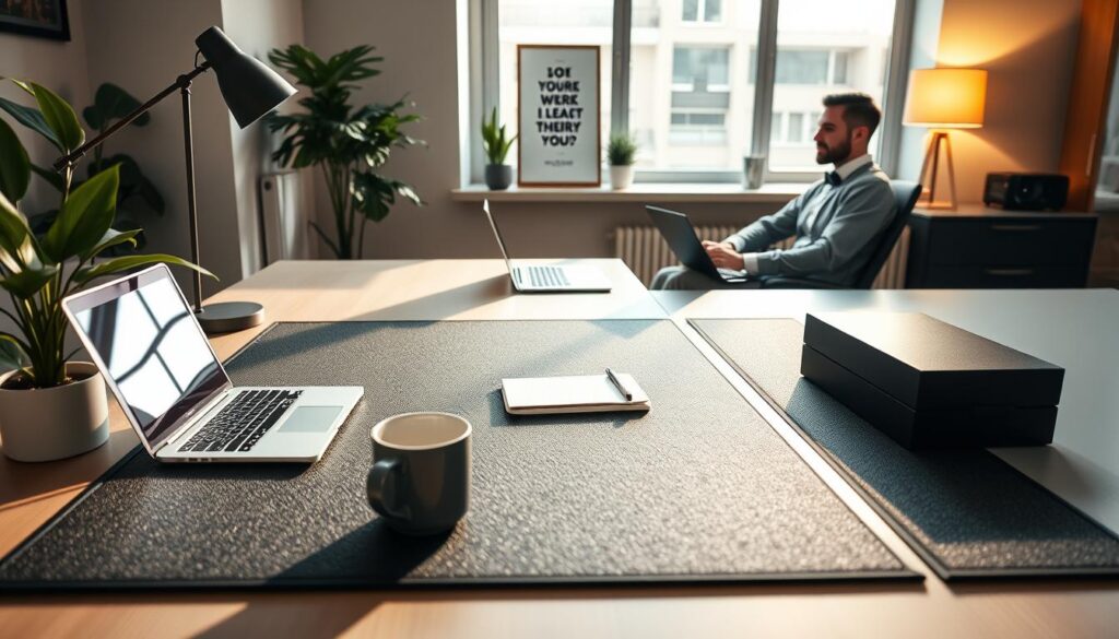 A modern workspace featuring a sleek desk mat that distinctly defines activity zones. In the foreground, a well-organized desk with a laptop, notepad, and a coffee mug, emphasizing focus and productivity. The middle ground showcases a green plant and a stylish desk lamp casting warm light, enhancing the cozy atmosphere. In the background, a large window with natural light flooding the room, illuminating a motivational poster on the wall. The scene features a professional in smart casual attire, seated comfortably at the desk, deeply engaged in work. Soft shadows create depth, and the overall mood is calm and focused, highlighting the importance of workspace zoning for enhanced productivity. A modern workspace featuring a sleek desk mat that distinctly defines activity zones. In the foreground, a well-organized desk with a laptop, notepad, and a coffee mug, emphasizing focus and productivity. The middle ground showcases a green plant and a stylish desk lamp casting warm light, enhancing the cozy atmosphere. In the background, a large window with natural light flooding the room, illuminating a motivational poster on the wall. The scene features a professional in smart casual attire, seated comfortably at the desk, deeply engaged in work. Soft shadows create depth, and the overall mood is calm and focused, highlighting the importance of workspace zoning for enhanced productivity.