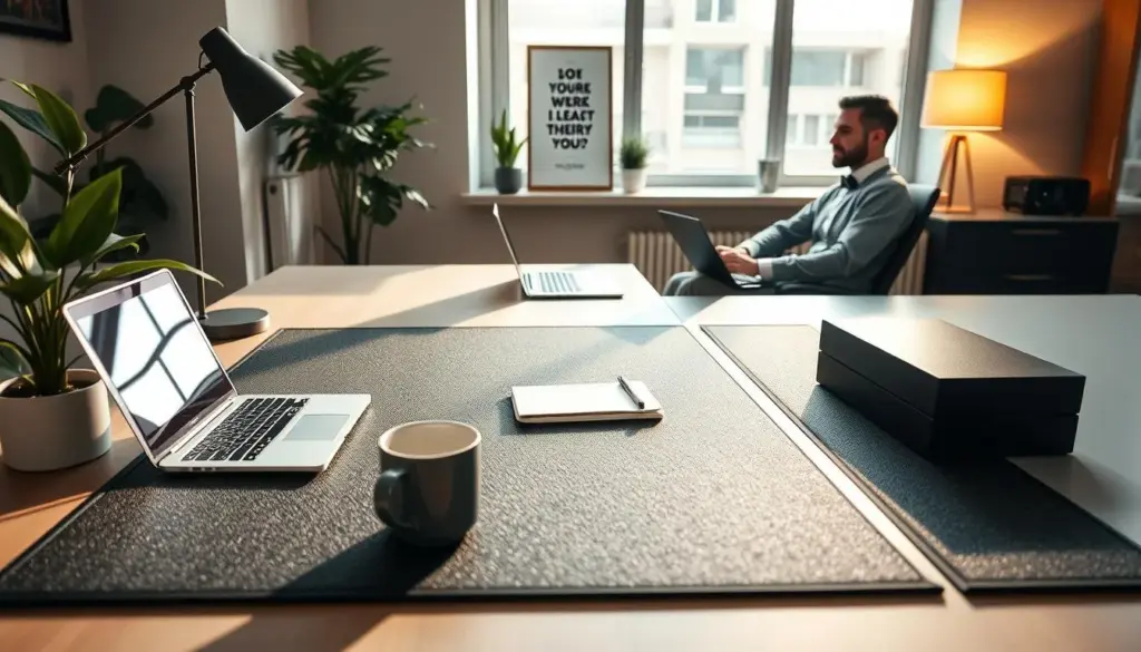 A modern workspace featuring a sleek desk mat that distinctly defines activity zones. In the foreground, a well-organized desk with a laptop, notepad, and a coffee mug, emphasizing focus and productivity. The middle ground showcases a green plant and a stylish desk lamp casting warm light, enhancing the cozy atmosphere. In the background, a large window with natural light flooding the room, illuminating a motivational poster on the wall. The scene features a professional in smart casual attire, seated comfortably at the desk, deeply engaged in work. Soft shadows create depth, and the overall mood is calm and focused, highlighting the importance of workspace zoning for enhanced productivity.