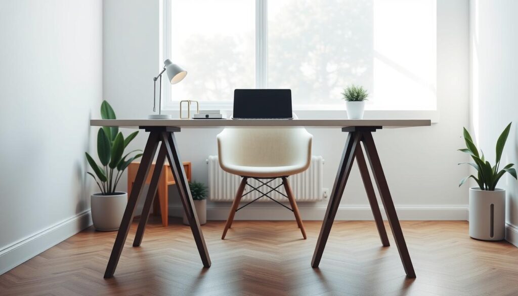 A modern workspace featuring a sleek, minimalistic desk with triangular legs that enhance the sense of space. The foreground showcases the desk, adorned with geometric stationery and an open laptop. The middle ground presents a cozy chair with clean lines, elegantly positioned to highlight the desk’s unique leg design. In the background, soft, ambient lighting filters through a large window, casting gentle shadows that emphasize the room’s spaciousness. The walls are painted in light, neutral tones, reflecting a calm, professional atmosphere. A few potted plants add a touch of greenery, enhancing the visual appeal. Capture this scene from a slightly elevated angle, focusing on the interplay between the desk's triangular structure and the overall room layout, conveying a sense of openness and clarity in a small space.