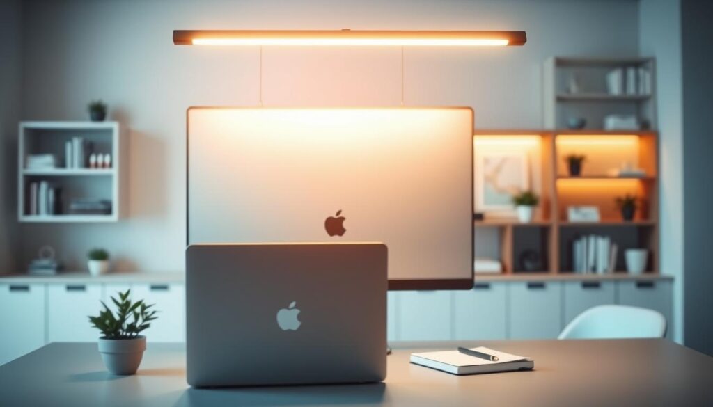 A modern workspace featuring a sleek, top-mounted monitor light bar gracefully positioned above a large computer screen. In the foreground, the light bar emits a soft, warm glow, illuminating the desk and casting gentle highlights on the workspace. The middle ground showcases a stylish, minimalist desk with a laptop, an elegant plant, and a notebook, all harmoniously arranged. In the background, a softly blurred view of the office with neutral-toned walls and shelves filled with books and decor create a tranquil ambiance. The lighting in the scene is bright yet warm, evoking a sense of productivity and comfort. The atmosphere is professional and inviting, ideal for enhancing focus and reducing eye strain, making it clear why a top-mounted monitor light bar is essential in modern work environments.
