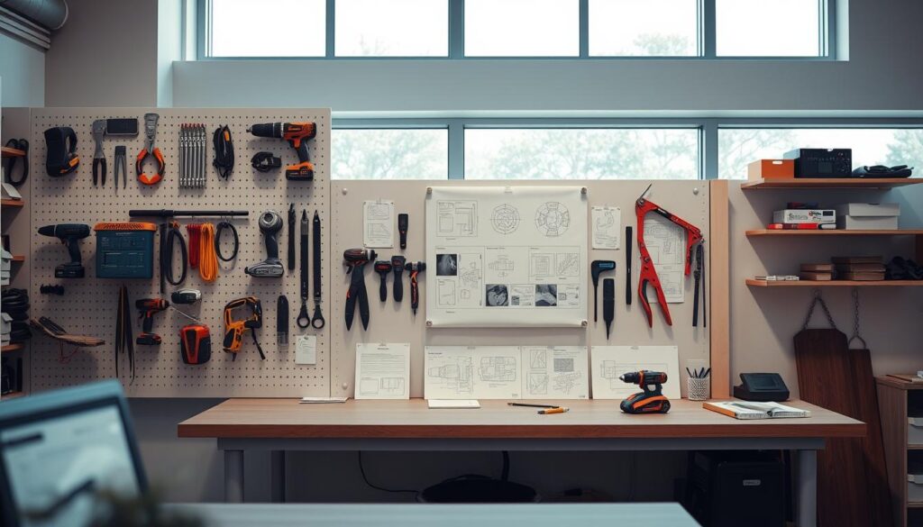 A modern workspace in a well-lit and organized setting, showcasing modular wall systems. In the foreground, a neatly arranged set of tools and tech devices hangs on a sleek, multifunctional wall panel. The middle ground features a distinct layout plan, highlighting blueprints and designs pinned alongside the tools, suggesting thoughtful organization before drilling. In the background, large windows allow natural light to flood the space, enhancing the atmosphere of productivity and creativity. Soft, diffused lighting illuminates the scene, creating a calming yet focused mood. The angle should be slightly elevated, giving a comprehensive view of the setup, capturing the essence of strategic planning in an innovative workspace.