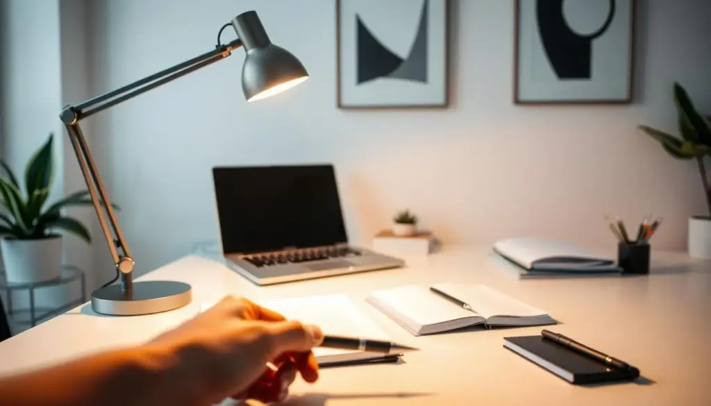 A modern workspace scene featuring a sleek, adjustable desk lamp positioned to the left of a minimalist desk. The lamp emits warm, focused task lighting, casting soft, inviting light on a stack of papers and a neat laptop, preventing shadows from falling on the work surface. In the foreground, a hand reaches for a pen, illustrating the effective application of the left-hand rule for optimal lighting. The middle ground showcases the well-organized desk with a notepad and some stationery neatly arranged. The background reveals a light-toned wall adorned with minimalistic art, enhancing the calm and focused atmosphere. The scene is captured from a slightly elevated angle to emphasize the lighting's impact, creating a warm and productive mood appropriate for a professional environment.