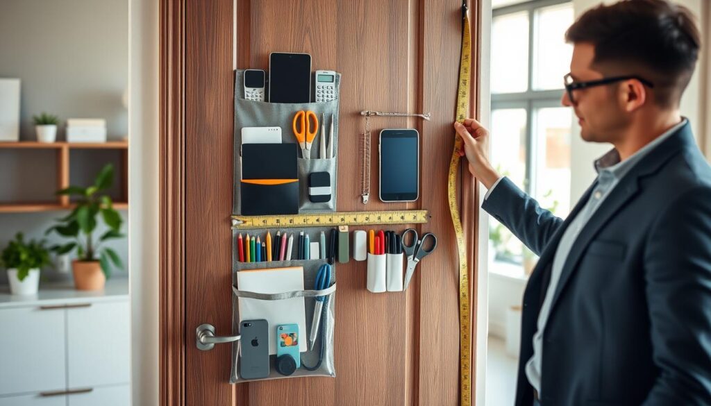 A neatly organized door mounted with a stylish organizer holding various tech gadgets and office supplies. The foreground showcases the door with the organizer fitted perfectly, displaying items like notebooks, pens, chargers, and scissors in compartments. In the middle ground, a professional individual in smart casual clothing stands next to the door, measuring with a tape measure to ensure a precise fit for the organizer. The background features a softly lit, modern office environment with shelves and plants, enhancing a productive atmosphere. Use natural light to illuminate the scene, highlighting the textures of the door and the organizer materials. The camera angle should be slightly tilted upward to emphasize the door’s height, creating a practical and inviting mood.