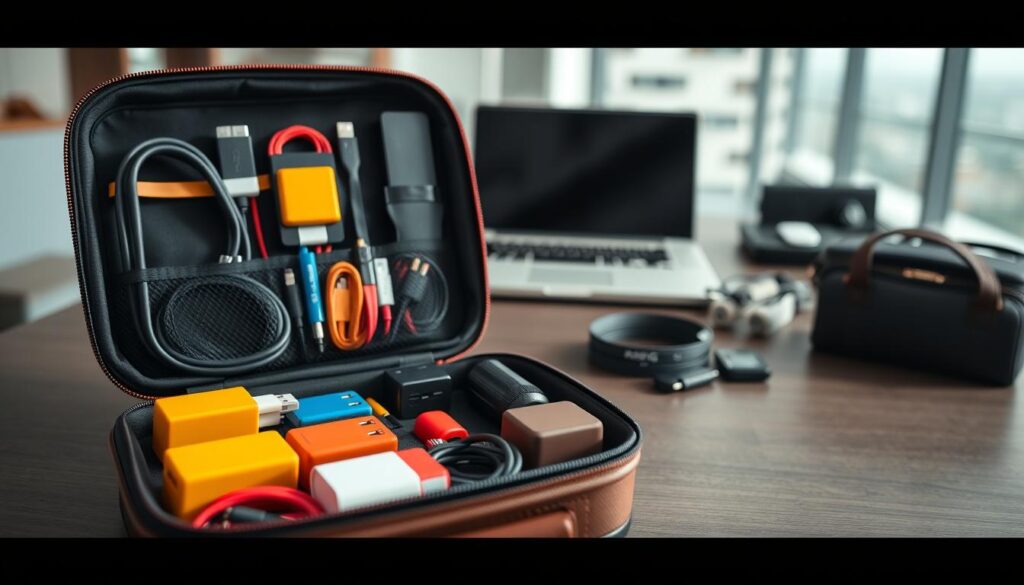 A neatly organized travel accessory case designed for digital nomads, showcasing a variety of adapters and cables in vibrant colors. In the foreground, highlight an open organizer case with compartments filled with items like USB cables, chargers, and headphones, arranged in a visually pleasing manner. The middle layer features a sleek, modern workspace with a laptop and additional tech accessories subtly blurred to emphasize the organizer. In the background, a soft, natural light illuminates the scene, creating a warm and inviting atmosphere. Use a wide-angle lens to capture the entire setup, focusing on clarity and detail to convey an efficient travel experience. The mood is professional yet relaxed, emphasizing practicality and organization for tech-savvy travelers.