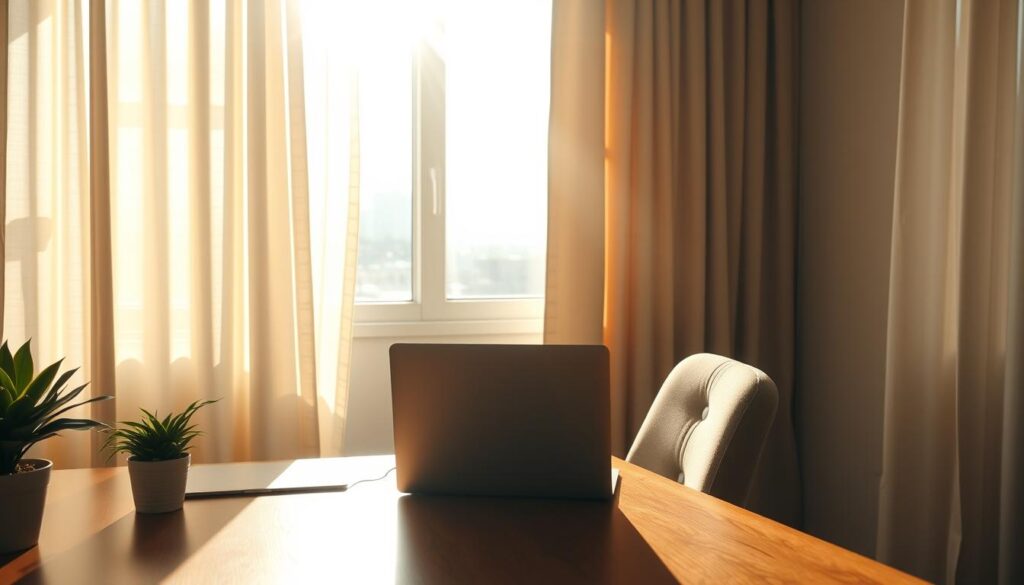 A peaceful home office bathed in warm, natural sunlight, showcasing the intricate pathways of light filtering through sheer curtains. In the foreground, a sleek wooden desk with a modern laptop and a potted plant adds a touch of greenery. The middle ground features a comfortable chair positioned to maximize light exposure while avoiding glare on the screen. Soft, diffused sunlight cascades from the left, casting gentle shadows and highlighting the textures of the workspace. In the background, subtle hints of a calm urban landscape are visible through the window, enhancing the atmosphere of focus and tranquility. The overall mood is serene and inviting, emphasizing the importance of optimal sunlight management. The image captures the essence of natural light's role in creating a conducive work environment.
