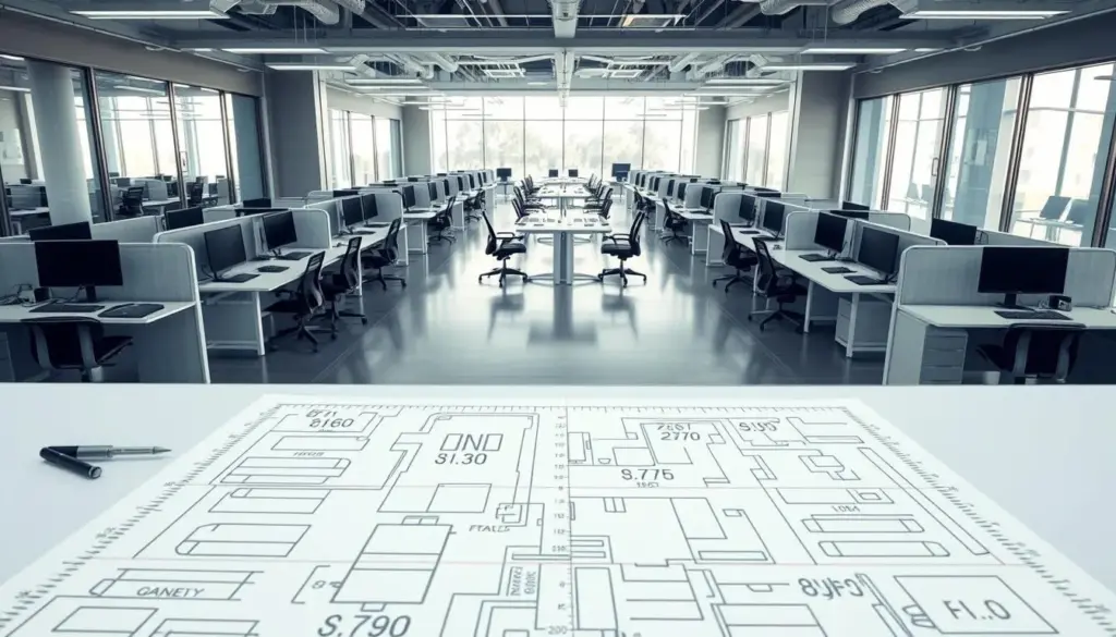 A professional office layout featuring long, narrow desks arranged strategically within a tight corridor. In the foreground, a detailed floor plan with precise measurements marked out, indicating walkways and workflow paths. The middle area showcases neatly organized office furniture, including ergonomic chairs and desktop setups, all in a modern design. The background displays a well-lit office space with natural light streaming through large windows, reflecting a vibrant and productive atmosphere. Use a slight overhead angle to capture the layout effectively, ensuring clarity in the measurement details. The mood should be practical and efficient, communicating a focused work environment, free of distractions. Ensure any people depicted are dressed in smart business attire, maintaining a professional tone throughout.