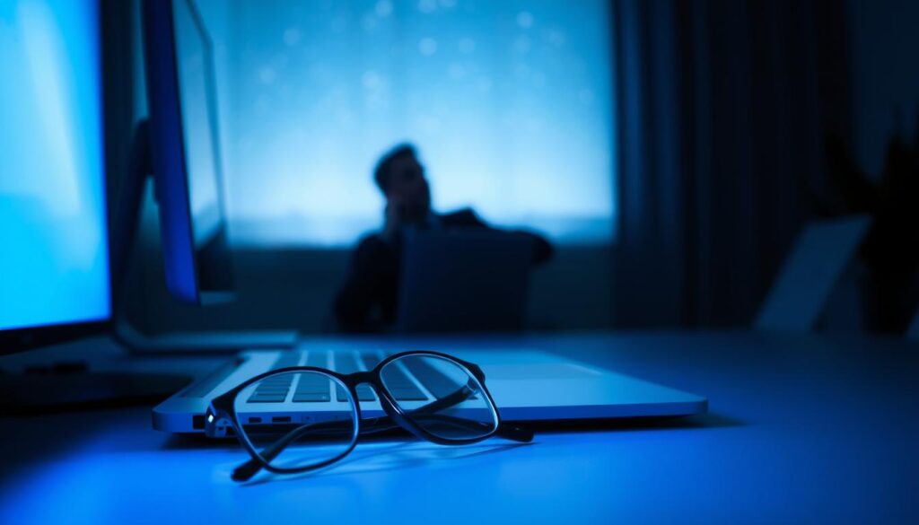 A serene and ethereal scene depicting blue light in a soft, calming atmosphere. In the foreground, a subtle glow emanates from a computer screen, cascading gentle blue highlights that reflect off a pair of glasses resting beside a closed laptop. The middle ground features a blurred silhouette of a person wearing professional attire, sitting in a contemplative position, gazing thoughtfully at the light. In the background, a night sky is spotted with twinkling stars, emphasizing the concept of sleep and tranquility. The overall lighting is cool and soothing, creating a peaceful mood that invites relaxation. The angle captures the essence of the light's impact, focusing on how it interacts with the environment and promotes awareness of eye protection.
