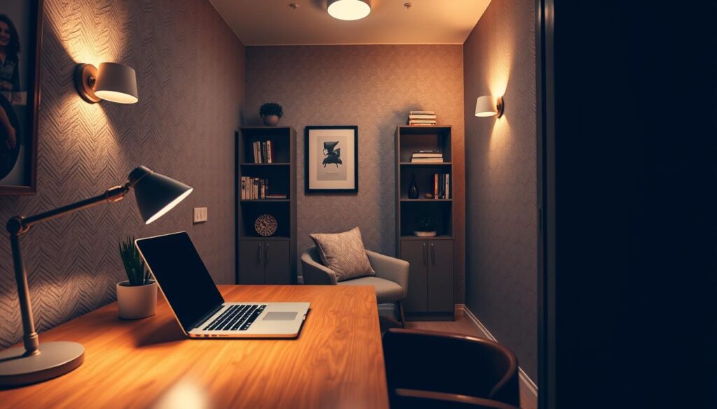 A serene, enclosed office nook illuminated by soft, warm lighting to enhance comfort and productivity. In the foreground, a sleek wooden desk with a laptop, neatly arranged stationery, and a small potted plant exude a professional atmosphere. In the middle ground, a cozy chair positioned beside the desk invites engagement, while the walls are lined with tasteful shelving filled with books and decor. The background features a soft, textured wallpaper in muted tones, adding warmth to the space. Ambient lighting fixtures, such as wall sconces and a gentle overhead light, create a calming contrast against shadows, emphasizing the need for strategic illumination. The angle captures the intimate perspective within the nook, evoking a sense of coziness and focus, perfect for quiet work moments.
