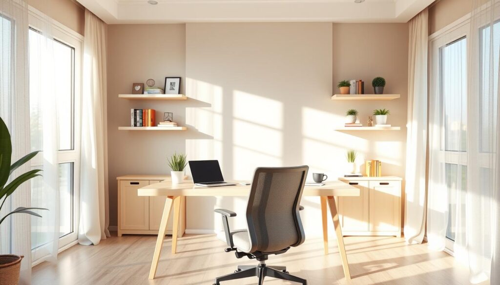 A serene home office bathed in soft, natural light from large windows, showcasing a stylish, modern desk made of light wood with a minimalist design. In the foreground, a comfortable ergonomic chair with a neutral fabric is positioned at the desk, which is neatly organized with a laptop, a few decorative plants, and a simple notepad. The middle ground features an accent wall painted in a calming pastel color, complemented by shelves filled with books and inspiring decor. In the background, gentle sunlight filters through sheer curtains, creating warm, inviting shadows. The atmosphere is tranquil and focused, ideal for productivity, evoking feelings of calmness and clarity. The scene captures a balance of functionality and aesthetic appeal, emphasizing the positive psychological impact of thoughtful lighting in a home workspace. A serene home office bathed in soft, natural light from large windows, showcasing a stylish, modern desk made of light wood with a minimalist design. In the foreground, a comfortable ergonomic chair with a neutral fabric is positioned at the desk, which is neatly organized with a laptop, a few decorative plants, and a simple notepad. The middle ground features an accent wall painted in a calming pastel color, complemented by shelves filled with books and inspiring decor. In the background, gentle sunlight filters through sheer curtains, creating warm, inviting shadows. The atmosphere is tranquil and focused, ideal for productivity, evoking feelings of calmness and clarity. The scene captures a balance of functionality and aesthetic appeal, emphasizing the positive psychological impact of thoughtful lighting in a home workspace.