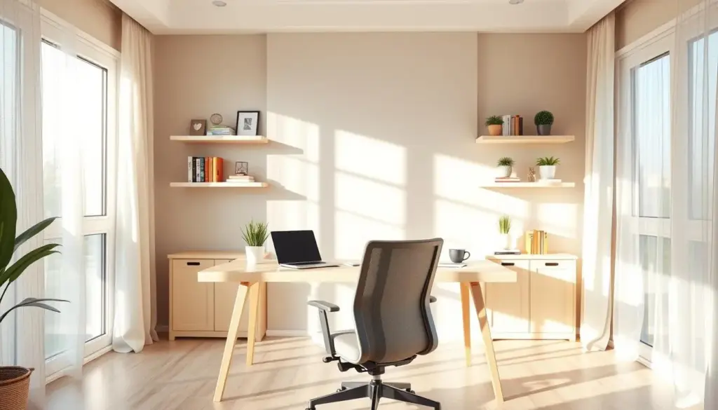 A serene home office bathed in soft, natural light from large windows, showcasing a stylish, modern desk made of light wood with a minimalist design. In the foreground, a comfortable ergonomic chair with a neutral fabric is positioned at the desk, which is neatly organized with a laptop, a few decorative plants, and a simple notepad. The middle ground features an accent wall painted in a calming pastel color, complemented by shelves filled with books and inspiring decor. In the background, gentle sunlight filters through sheer curtains, creating warm, inviting shadows. The atmosphere is tranquil and focused, ideal for productivity, evoking feelings of calmness and clarity. The scene captures a balance of functionality and aesthetic appeal, emphasizing the positive psychological impact of thoughtful lighting in a home workspace.