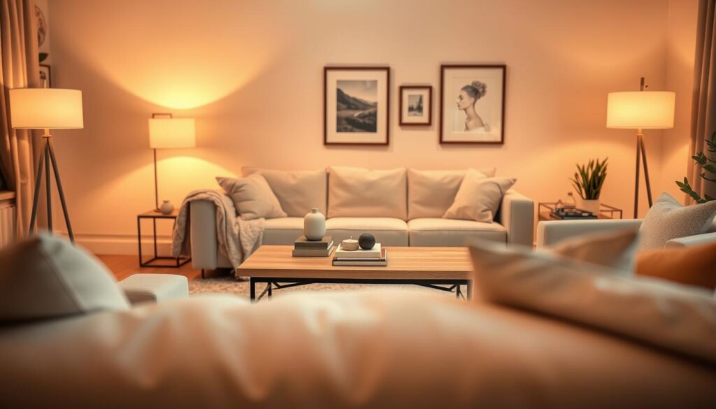 A serene interior scene showcasing the beauty of ambient lighting. In the foreground, a cozy living area with a plush sofa draped in light, neutral tones. Soft, diffused light emanates from strategically placed floor lamps with warm, inviting bulbs, creating a halo effect around the seating. In the middle ground, a wooden coffee table is adorned with minimalistic decor and a few books, illuminated by a gentle pool of light that contrasts with the shadows behind it. The background features a softly illuminated wall, where framed art adds depth without drawing attention. The atmosphere is calm and relaxing, designed to evoke a sense of comfort and reduce eye fatigue, with a focus on warm color tones and smooth textures.