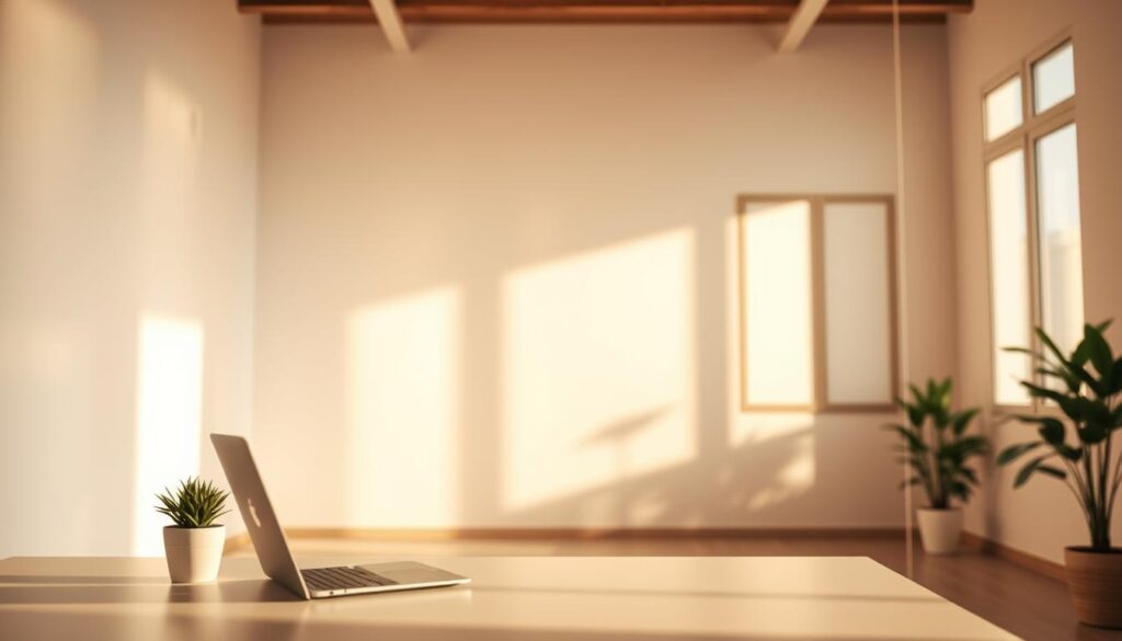 A serene interior space bathed in soft, diffused background light, creating a warm and inviting atmosphere. In the foreground, a modern desk with a sleek laptop and a cozy plant adds a touch of nature. The middle ground features a softly lit wall, accentuated by gentle shadows that suggest depth without harsh contrasts. In the background, large windows allow for natural light to filter in, enhancing the overall softness. The lighting is ambient and gradually transitions along the walls, casting a subtle glow that minimizes visual strain. The angle is slightly elevated, showcasing the room's depth, with a focus on the interplay of light and shadow, evoking a calm and tranquil environment conducive to relaxation and productivity.