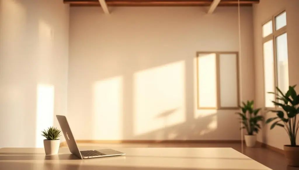 A serene interior space bathed in soft, diffused background light, creating a warm and inviting atmosphere. In the foreground, a modern desk with a sleek laptop and a cozy plant adds a touch of nature. The middle ground features a softly lit wall, accentuated by gentle shadows that suggest depth without harsh contrasts. In the background, large windows allow for natural light to filter in, enhancing the overall softness. The lighting is ambient and gradually transitions along the walls, casting a subtle glow that minimizes visual strain. The angle is slightly elevated, showcasing the room's depth, with a focus on the interplay of light and shadow, evoking a calm and tranquil environment conducive to relaxation and productivity.