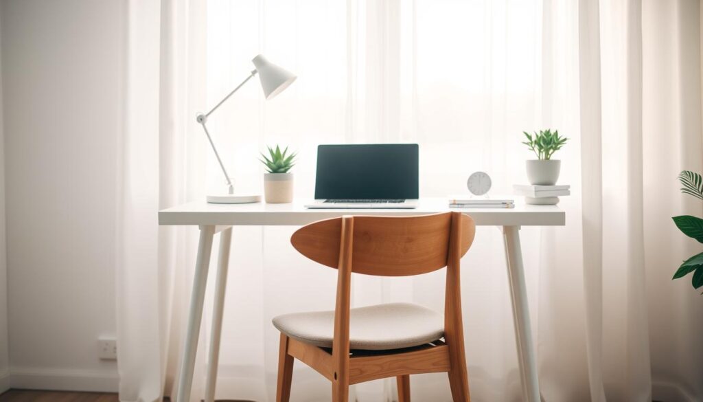 A serene minimalist home office setup showcasing a small desk, neatly organized with essential items: a sleek laptop, a geometric desk lamp, and a potted succulent. The foreground features a simple wooden chair with a neutral-toned cushion, inviting and tidy. In the middle ground, the desk has clean lines, with limited but purposeful decorative elements like a minimalist clock and a few neatly stacked books, emphasizing functionality. The background presents a softly lit window with sheer curtains allowing natural light to fill the room, enhancing an airy atmosphere. The lighting is soft and warm, creating a calm environment conducive to productivity. The overall mood is peaceful and inspiring, embodying the essence of minimalist design with a focus on simplicity and efficiency.