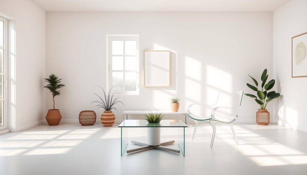 A serene, minimalist room showcasing transparent furniture to illustrate visual clutter reduction. In the foreground, a sleek glass coffee table and transparent acrylic chair occupy a softly lit area, highlighting their unobtrusive design. The middle ground includes a couple of potted plants, emphasizing natural elements without overwhelming the space. The background features light, neutral-colored walls adorned with simple, unobtrusive artwork. A large window allows natural light to flood in, casting gentle shadows and enhancing the atmosphere of openness and tranquility. The scene is photographed from a slightly elevated angle for a wide perspective, creating an inviting and spacious feel, emphasizing the importance of decluttering and maintaining simplicity in small living spaces. A serene, minimalist room showcasing transparent furniture to illustrate visual clutter reduction. In the foreground, a sleek glass coffee table and transparent acrylic chair occupy a softly lit area, highlighting their unobtrusive design. The middle ground includes a couple of potted plants, emphasizing natural elements without overwhelming the space. The background features light, neutral-colored walls adorned with simple, unobtrusive artwork. A large window allows natural light to flood in, casting gentle shadows and enhancing the atmosphere of openness and tranquility. The scene is photographed from a slightly elevated angle for a wide perspective, creating an inviting and spacious feel, emphasizing the importance of decluttering and maintaining simplicity in small living spaces.