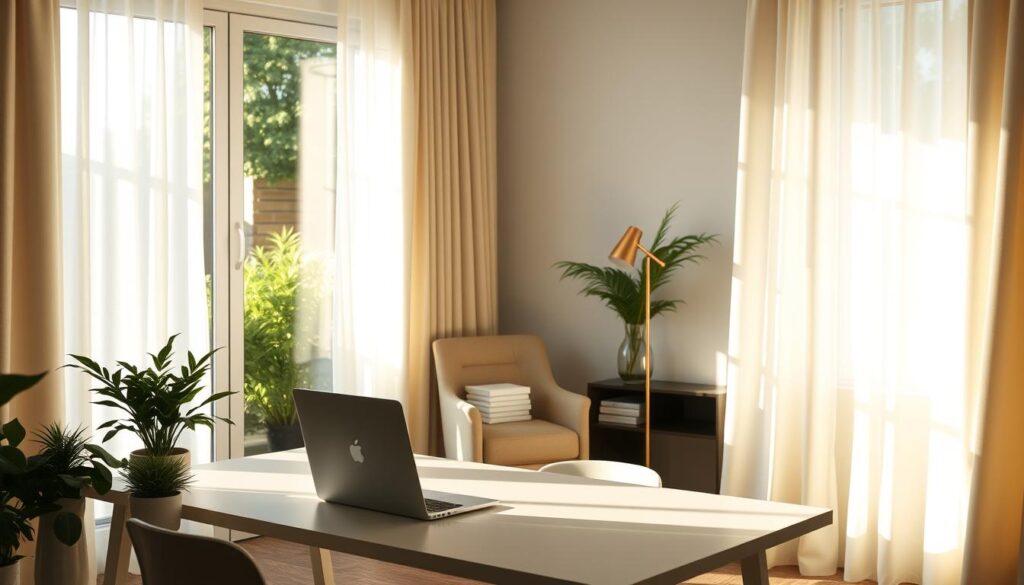 A serene office environment showcasing diffuse light filtering through sheer curtains, creating soft shadows and gentle lighting effects. In the foreground, a modern desk with a sleek laptop and potted plants, illuminated by the calming glow of the diffused sunlight. The middle ground features a comfortable chair, a stack of books, and an elegant lamp, casting minimal glare. In the background, large windows reveal a lush, green garden, providing a tranquil outdoor contrast. The overall atmosphere is peaceful, highlighting the advantages of diffused light in reducing eye strain and enhancing focus, with an emphasis on subtlety and harmony in the color palette. Ideal for illustrating the differences between diffused and direct light تأثيرات.
