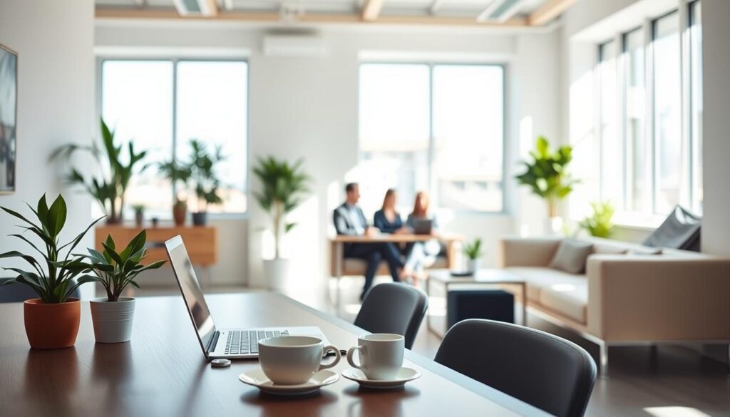 A serene office space bathed in bright, crisp daylight, showcasing the effect of color temperature on productivity. In the foreground, a modern desk with a sleek laptop, a potted plant, and a coffee cup, all illuminated by natural light streaming through large windows. The middle ground features a comfortable seating area with professional individuals dressed in business attire, engaged in focused discussions. The background reveals a fresh, minimalist aesthetic with white walls and greenery, enhancing the calming atmosphere. The lighting is bright and airy, emphasizing a clean blue-white hue typical of daylight. The scene is captured from a wide-angle perspective, creating a sense of openness and clarity, ideal for conveying the importance of circadian lighting in workspaces.