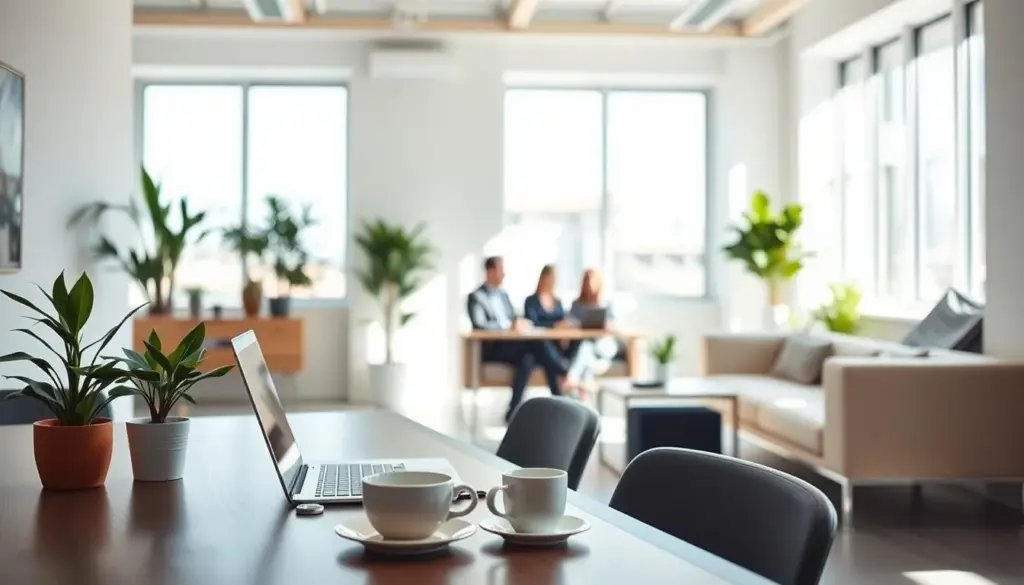 A serene office space bathed in bright, crisp daylight, showcasing the effect of color temperature on productivity. In the foreground, a modern desk with a sleek laptop, a potted plant, and a coffee cup, all illuminated by natural light streaming through large windows. The middle ground features a comfortable seating area with professional individuals dressed in business attire, engaged in focused discussions. The background reveals a fresh, minimalist aesthetic with white walls and greenery, enhancing the calming atmosphere. The lighting is bright and airy, emphasizing a clean blue-white hue typical of daylight. The scene is captured from a wide-angle perspective, creating a sense of openness and clarity, ideal for conveying the importance of circadian lighting in workspaces. A serene office space bathed in bright, crisp daylight, showcasing the effect of color temperature on productivity. In the foreground, a modern desk with a sleek laptop, a potted plant, and a coffee cup, all illuminated by natural light streaming through large windows. The middle ground features a comfortable seating area with professional individuals dressed in business attire, engaged in focused discussions. The background reveals a fresh, minimalist aesthetic with white walls and greenery, enhancing the calming atmosphere. The lighting is bright and airy, emphasizing a clean blue-white hue typical of daylight. The scene is captured from a wide-angle perspective, creating a sense of openness and clarity, ideal for conveying the importance of circadian lighting in workspaces.