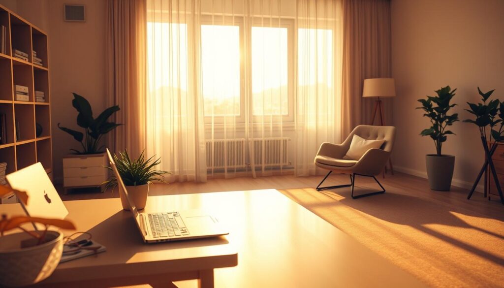 A serene office space bathed in soft, diffused light, showcasing the gentle illumination that enhances vision. In the foreground, a stylish desk with a sleek laptop and a potted plant, reflecting calmness and focus. The middle ground features a large window adorned with sheer curtains, allowing the soft light to filter through, casting delicate shadows on the floor. In the background, a cozy reading nook with a comfortable chair and soft cushions. The overall atmosphere exudes tranquility and professionalism, with warm tones that promote a sense of well-being. The lighting simulates the golden hour, creating a welcoming and relaxed mood, ideal for a workspace that prioritizes eye comfort and clarity.