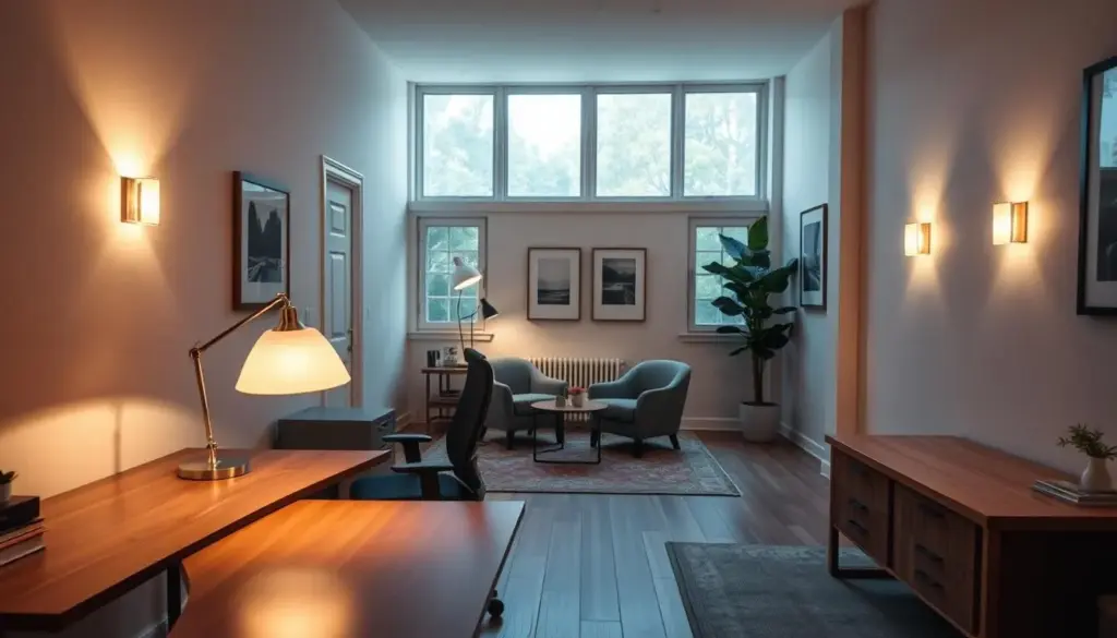 A serene, well-lit workspace in a shared room, featuring soft, ambient lighting to define boundaries. In the foreground, a sleek wooden desk with minimal clutter, complemented by a comfortable ergonomic chair. On the desk, a modern desk lamp emits a warm glow, enhancing the atmosphere. The middle ground shows a cozy seating area with a plush armchair and a small coffee table, illuminated by gentle, diffused light from strategically placed sconces. In the background, large windows allow natural light to filter in, casting soft shadows against light-colored walls adorned with calming artwork. The overall mood is tranquil and focused, emphasizing effective workspace separation through thoughtful lighting design. A wide-angle perspective captures the entirety of the room’s harmonious setup.