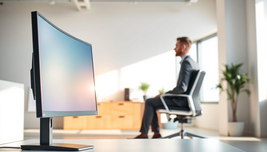 A sleek and modern office workspace featuring a high-quality computer monitor positioned at an ergonomic height. In the foreground, the monitor displays a vibrant, clear desktop interface, with a soft glimmer on the screen suggesting proper lighting. In the middle ground, a stylish office chair with a professional individual dressed in business attire sits aligned with the monitor, demonstrating optimal viewing posture. The background showcases a bright, well-lit room with minimalistic decor, emphasizing a professional atmosphere. Soft natural light filters in through a window, creating a calm and productive vibe. The composition conveys an emphasis on health and efficiency, capturing the importance of monitor height on neck and eye comfort.