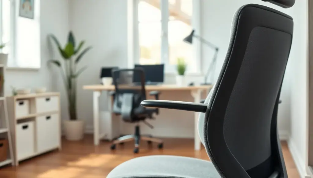 A sleek, compact ergonomic chair designed for optimal posture is the focal point in the foreground, showcasing adjustable lumbar support and a gently contoured seat. The fabric is a modern blend of breathable mesh and soft upholstery in muted colors, enhancing its professional appeal. In the middle ground, a well-lit home office environment provides context, featuring a minimalist desk and neat organizational elements, framed by a glimpse of a calming indoor plant. The background is softly blurred to maintain focus on the chair, while natural lighting from a nearby window casts gentle shadows, creating an inviting atmosphere. The composition is captured at a slightly low angle to emphasize the chair's ergonomic features and convey a sense of comfort and functionality.