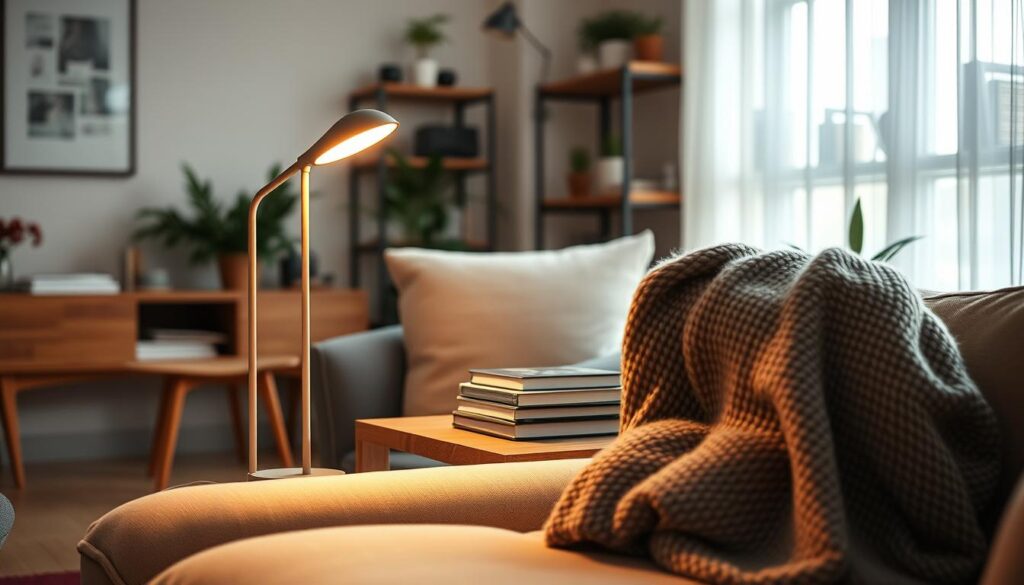 A sleek, modern cordless lamp stands elegantly on a mid-century wooden side table in a cozy living room setting. The lamp features a soft, warm glow with an adjustable brightness setting, illuminating a nearby stack of neatly arranged books. In the foreground, a plush, textured throw blanket drapes casually over the armrest of a stylish sofa. The middle ground captures the inviting ambiance of the room, with a large window allowing natural light to filter through sheer curtains, casting gentle shadows. The background showcases tastefully decorated shelves adorned with plants and decorative items. The overall atmosphere is warm and inviting, evoking comfort and functionality, with a focus on the lamp's role in reducing wire clutter. Soft focus and warm lighting enhance the cozy, lived-in feel of the space.
