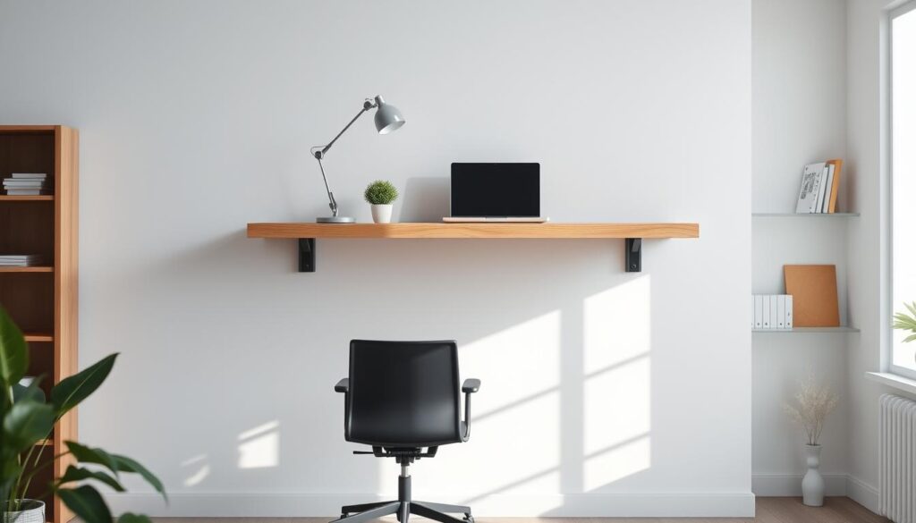 A sleek, modern floating desk mounted on a light-colored wall, showcasing a minimalist design with clean lines and a natural wood finish. The desk features a neatly arranged workspace with a laptop, a stylish desk lamp, and a small potted plant, all emphasizing functionality and comfort. In the foreground, light streams in from a large window, casting soft shadows and creating an inviting atmosphere. The middle ground includes a comfortable ergonomic office chair positioned slightly to the side, enhancing the workspace appeal. In the background, subtle hints of a contemporary home office setup, such as shelves with books and decorative items, provide a balanced aesthetic. The overall mood is bright, fresh, and conducive to productivity, with a focus on balance and simplicity in design. A sleek, modern floating desk mounted on a light-colored wall, showcasing a minimalist design with clean lines and a natural wood finish. The desk features a neatly arranged workspace with a laptop, a stylish desk lamp, and a small potted plant, all emphasizing functionality and comfort. In the foreground, light streams in from a large window, casting soft shadows and creating an inviting atmosphere. The middle ground includes a comfortable ergonomic office chair positioned slightly to the side, enhancing the workspace appeal. In the background, subtle hints of a contemporary home office setup, such as shelves with books and decorative items, provide a balanced aesthetic. The overall mood is bright, fresh, and conducive to productivity, with a focus on balance and simplicity in design.
