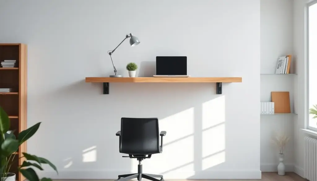 A sleek, modern floating desk mounted on a light-colored wall, showcasing a minimalist design with clean lines and a natural wood finish. The desk features a neatly arranged workspace with a laptop, a stylish desk lamp, and a small potted plant, all emphasizing functionality and comfort. In the foreground, light streams in from a large window, casting soft shadows and creating an inviting atmosphere. The middle ground includes a comfortable ergonomic office chair positioned slightly to the side, enhancing the workspace appeal. In the background, subtle hints of a contemporary home office setup, such as shelves with books and decorative items, provide a balanced aesthetic. The overall mood is bright, fresh, and conducive to productivity, with a focus on balance and simplicity in design.