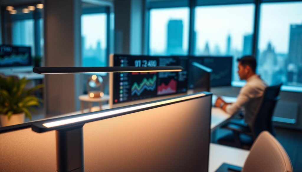 A sleek, modern monitor light bar mounted on the top of a computer screen, featuring an elegant, minimalist design with adjustable brightness and color temperature settings. The foreground showcases the light bar glowing softly, casting ambient light that enhances the workspace. In the middle, a high-tech office setting with a clean desk, dual monitors displaying graphs and data, and a professional individual in smart casual attire intently focused on their work. The background includes a softly blurred window revealing a bright urban skyline, letting in natural light that complements the high-tech ambiance. The overall mood is innovative and productive, emphasizing the blend of technology and functionality in a modern workspace. The scene is illuminated with soft daylight, enhancing the clarity and warmth of the lighting.