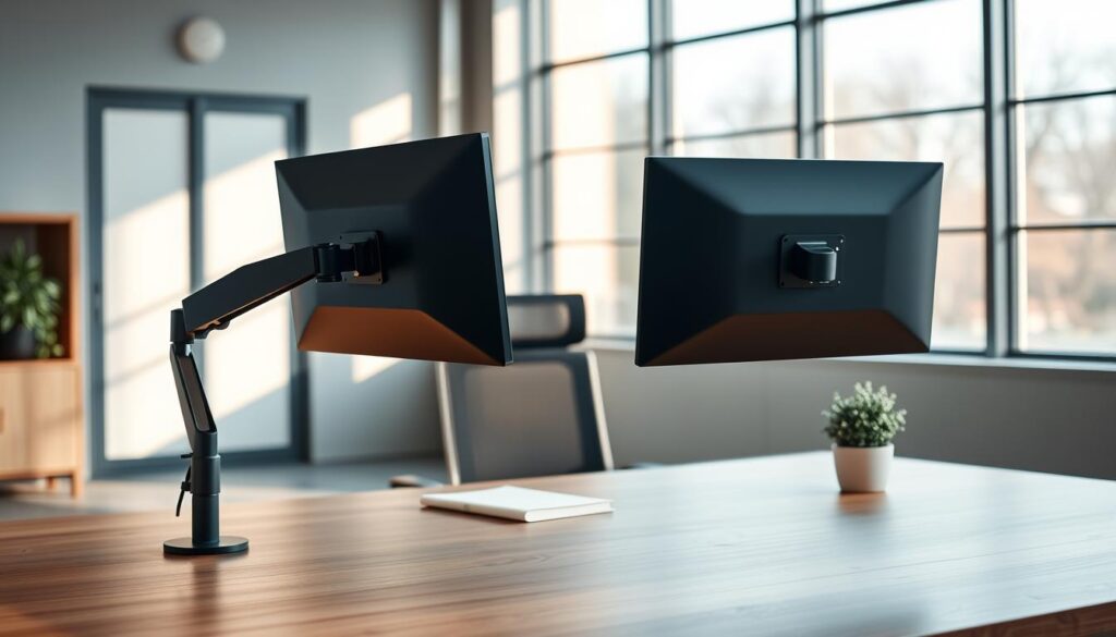 A sleek, modern office setup featuring two adjustable monitor arms, elegantly mounted on a minimalist wooden desk. In the foreground, the monitor arms are holding two high-resolution screens, angled for optimal viewing. The middle layer includes a comfortable ergonomic chair, a notepad, and a stylish desk plant, contributing to a productive workspace atmosphere. The background showcases a softly lit office environment with large windows allowing natural light to filter in, creating a warm, inviting glow. The focus is on the efficiency and space-saving benefits of the monitor arms, symbolizing improved ergonomics and comfort. The color palette is calm and professional, incorporating shades of gray, white, and green. The image captures a mood of productivity and modernity, emphasizing the seamless integration of technology into the workspace.