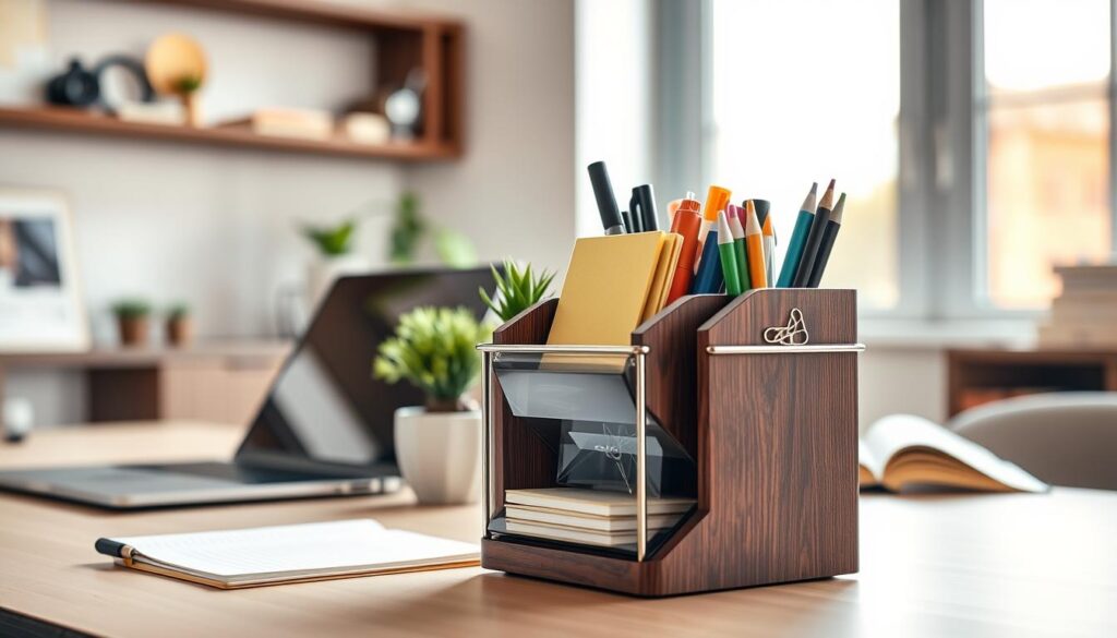 A sleek, modern side desk organizer made of dark wood and polished metal, filled with office supplies neatly arranged for easy access. In the foreground, a stylish geometric desk organizer holds pens, sticky notes, and paper clips, while a small plant adds a touch of greenery. The middle layer features a desk with a smooth, minimalist design, showcasing the organizer next to a laptop and an open notebook. The background includes a bright, airy home office setting with a large window letting in natural light, illuminating the scene with a warm glow. The atmosphere is productive and inspiring, highlighting the functional and aesthetic aspects of vertical desk-side storage solutions, captured with a slightly tilted angle for dynamic perspective. A sleek, modern side desk organizer made of dark wood and polished metal, filled with office supplies neatly arranged for easy access. In the foreground, a stylish geometric desk organizer holds pens, sticky notes, and paper clips, while a small plant adds a touch of greenery. The middle layer features a desk with a smooth, minimalist design, showcasing the organizer next to a laptop and an open notebook. The background includes a bright, airy home office setting with a large window letting in natural light, illuminating the scene with a warm glow. The atmosphere is productive and inspiring, highlighting the functional and aesthetic aspects of vertical desk-side storage solutions, captured with a slightly tilted angle for dynamic perspective.