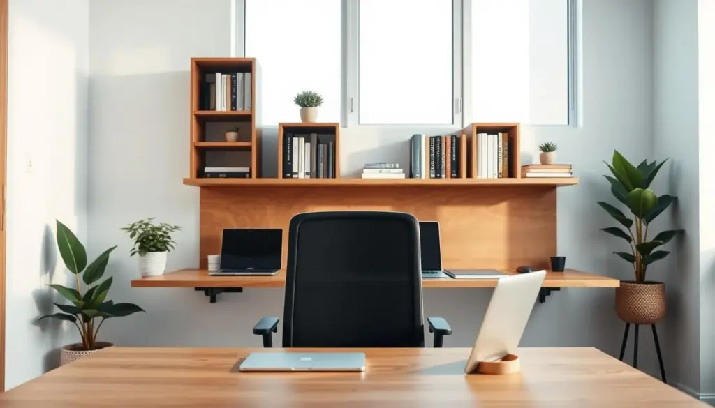 A sleek, modern wall-mounted desk in a bright, minimalist workspace. In the foreground, focus on a clean, wooden surface with organized office supplies, including a laptop, a notebook, and a potted plant. The middle ground features a well-structured wall with custom shelving above the desk, showcasing neatly arranged books and decorative items. A comfortable ergonomic chair is positioned in front, emphasizing the importance of posture. In the background, a large window allows soft, natural light to flood the room, enhancing the inviting atmosphere. The composition is shot from an eye-level angle to capture the layout effectively, highlighting the thoughtful design and functionality of the wall-mounted desk in a safe, productive environment.