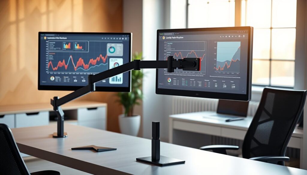 A sleek office setup featuring adjustable monitor arms holding two high-resolution screens, set against a modern workspace backdrop. In the foreground, the monitor arms are elegantly mounted to a minimalistic desk, showcasing the flexibility of movement. The screens display vibrant, colorful graphs and productivity applications, highlighting the efficiency of a decluttered workspace. In the middle ground, a stylish ergonomic chair complements the desk, while a potted plant adds a touch of greenery. The background features a sunlit window with soft, natural light pouring in, creating a bright and inspiring atmosphere. The scene is captured from a slightly elevated angle to emphasize the spaciousness of the desk area and the clean lines of the setup, evoking a sense of organization and productivity.