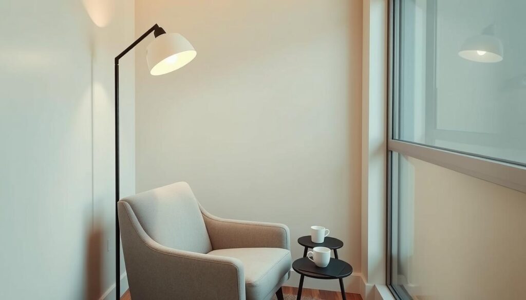 A sleek, slender floor lamp stands elegantly in a cozy nook, designed to fit seamlessly into a tight corner of a small, modern room. The lamp features a minimalist black metal base and a softly glowing white lampshade, providing warm illumination that enhances the intimate atmosphere. In the foreground, a plush, neutral-colored armchair complements the lamp's design, while a small potted plant adds a touch of greenery. The middle ground showcases a narrow side table with a coffee cup, creating a sense of usability and comfort. The background reveals soft pastel wall colors and a large window that lets in gentle natural light, casting soft shadows. The mood is serene and inviting, perfect for relaxation in limited spaces, captured from a slightly elevated angle to emphasize verticality.