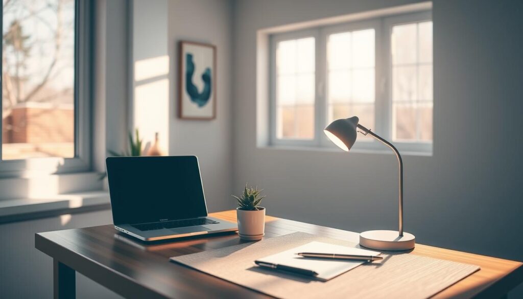 A small, minimalist desk positioned in a sunlit corner of a serene room. In the foreground, a simple wooden desk features only a sleek laptop with an elegant design, a potted succulent for a touch of greenery, and a minimalist notepad with a stylish pen. The middle ground showcases a clean and organized workspace, with a soft, textured desk mat and a softly glowing desk lamp that provides warm light. In the background, large windows allow natural light to flood the space, casting gentle shadows. The walls are painted in a soft, calming color, and a few abstract art pieces hang thinly, enhancing the atmosphere of focus and tranquility. The overall mood is peaceful and inspiring, perfect for cultivating productivity in a small workspace.