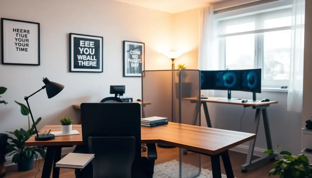 A small, modern home office shared by two users, showcasing a well-organized mini network of workspace elements. In the foreground, a stylish wooden desk is adorned with a laptop, notebooks, and a potted plant, emphasizing a clean aesthetic. In the middle, a partition divides the space, each side tailored for productivity—one with a comfortable ergonomic chair and the other featuring a standing desk with dual monitors. The background reveals soft, ambient lighting that creates a calm atmosphere, illuminated by a warm glow from a floor lamp. The walls are decorated with framed motivational art, while a large window allows natural light to stream in, enhancing the inviting environment. The overall mood is collaborative yet focused, perfect for co-working in a small room.
