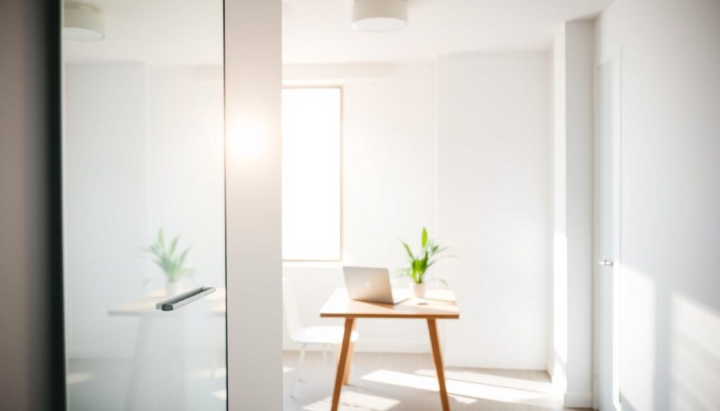 A small, modern office space featuring light-colored walls and sleek furniture. In the foreground, a polished mirror reflects natural light coming from a large window, creating a warm glow. The middle ground includes a stylish wooden desk with a laptop and some green plants, strategically placed to maximize light reflection. The background showcases soft, diffused sunlight illuminating the entire room, with shadows enhancing the depth. The atmosphere is bright and inviting, suggesting productivity and creativity. The lighting is even and natural, emphasizing the effect of the reflective surfaces. Capture the scene from a slightly elevated angle to highlight how the light bounces around, illuminating the office brightly while maintaining a clean, professional aesthetic. No people are present in the image, ensuring a focus on the environment.