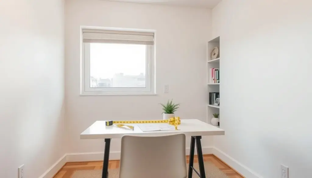 A small, well-lit room designed for functionality, featuring a neatly organized desk against a light-colored wall. In the foreground, a modern, compact desk with a sleek chair, both in minimalist design, illustrates careful measurement for a small space. On the desk, there’s a measuring tape, a notepad with sketches of various desk dimensions, and a potted plant for a touch of greenery. In the middle ground, a large window allows natural light to flood the room, highlighting the space's dimensions. The background shows a small bookshelf with neatly arranged books and subtle decorative items, enhancing the room's atmosphere of efficiency and professionalism. The overall mood is bright, inviting, and inspiring, perfect for those looking to maximize a small area.