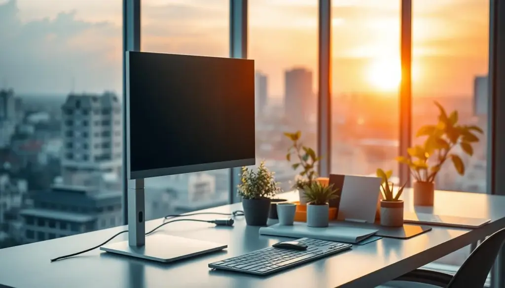 A soft and ethereal light cascades into a modern office space, illuminating a sleek, clutter-free desk. In the foreground, a stylish, minimalist base mount supports a sophisticated monitor, casting gentle reflections. In the middle ground, a well-organized workspace showcases vibrant plants and neatly arranged office supplies, highlighting the concept of saving desk space. The background features a large window showcasing a tranquil urban landscape, with the warm glow of sunset spilling in. The atmosphere is calm and focused, evoking productivity and clarity. Use a high-resolution lens to capture the radiant light play, creating an inviting and efficient workspace environment. The overall mood should be serene and inspiring, emphasizing the importance of optimizing desk space thoughtfully.