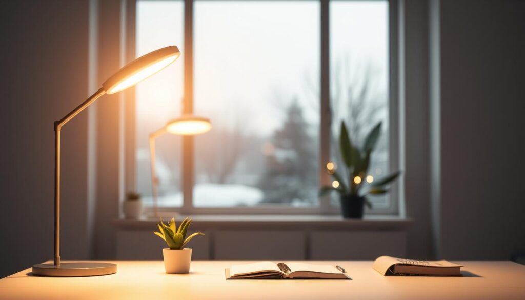 A soft, luminous glow radiates from a sleek, modern office light fixture strategically positioned in the foreground, casting warm, comforting light across a spacious, minimalist workspace. The light is bright yet gentle, illuminating an uncluttered desk with a few neatly arranged items like a plant and a notebook. In the middle ground, a subtle reflection of the light spreads across a window, hinting at a cloudy, dimly lit outdoor scene typical of the dark winter months. The background should feature muted colors, creating a contrast to the vibrant warmth of the light source, enhancing the mood of tranquility and comfort. A wide-angle perspective emphasizes the expansive feel of the workspace, inviting a sense of serenity and focus, ideal for seasonal light therapy.