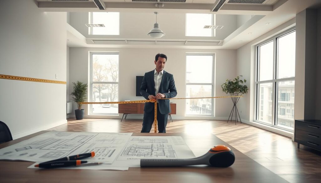 A spacious office room being measured for furniture placement, showcasing a professional measuring tape stretched along a well-defined wall. In the foreground, a neatly arranged desk with architectural plans and sleek modern tools. In the middle ground, a person in business attire carefully measures the dimensions of the room, displaying a thoughtful expression. The background features large windows letting in soft, natural light, casting gentle shadows across the floor, enhancing the sense of space. Use a wide-angle lens to capture the entire room’s layout, creating an atmosphere of precision and efficiency. The overall mood is focused and organized, emphasizing the importance of effective space planning before introducing new furniture.
