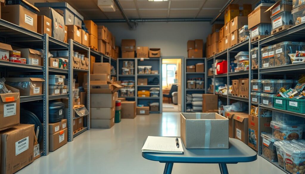 A spacious, organized backstock storage area within a small condo, filled with neatly labeled boxes and shelves stacked efficiently, showcasing various household items like seasonal decorations, sports equipment, and non-perishable groceries. In the foreground, a well-lit area with a clean floor and a small work table displaying a notebook and pen for inventory management. The middle section features sturdy shelves filled with tidy containers, while the background hints at the condo's cozy living space with soft, warm lighting filtering through an open door. The atmosphere conveys a sense of practicality and organization, emphasizing the importance of assessing and managing storage in a limited space, captured in a wide-angle view to highlight the planning and efficiency.
