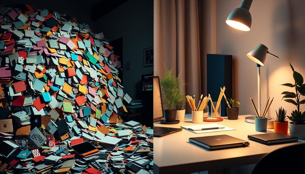 A split-screen image illustrating the contrast between digital and physical clutter. On the left side, a chaotic desktop scene with an overflowing array of digital icons—files, apps, and folders, all in disarray with vibrant colors that create a sense of overwhelming disorganization. The background should feature a dimly lit room with shadows emphasizing the clutter. On the right side, a serene physical workspace with neatly arranged stationery, potted plants, and a clean desk, exuding calmness, with warm, soft lighting to create an inviting atmosphere. The middle ground should seamlessly blend the two worlds, capturing the dichotomy of digital chaos versus physical order. The angle should be slightly tilted to add dynamism, emphasizing the contrast between stress and tranquility.