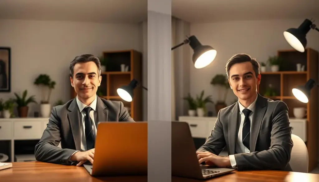 A split-screen image illustrating the impact of three-point lighting on video calls. In the foreground, a professional individual in smart business attire sits at a desk with a laptop, facing the camera. The left side shows their face washed out and shadowed under dim overhead lighting, while the right side depicts them well-lit with bright key, fill, and backlighting, accentuating their features. The middle ground features soft, diffused lighting sources positioned strategically to create a balanced and flattering effect. In the background, a tidy home office with plants and neutral colors enhances the professional atmosphere. The overall mood is warm and inviting, with a subtle sense of professionalism and clarity. The camera angle is slightly elevated, capturing the person’s posture and facial expressions effectively, ideal for video conferencing.