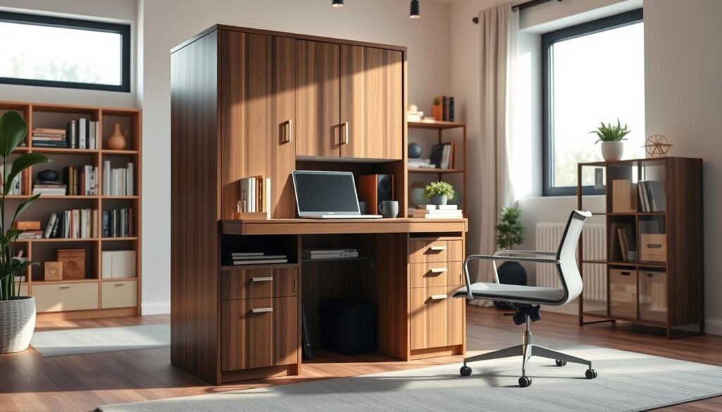 A stylish armoire home box computer desk in a contemporary home office setting. The foreground features the armoire desk with a sleek wooden finish, neatly organized with a laptop, notepads, and office supplies. In the middle ground, there are shelves filled with books and decorative items, creating an inviting atmosphere. The background showcases a well-lit space with a large window allowing natural light to filter in, casting soft shadows. Use a warm color palette to evoke a sense of comfort and productivity. The camera angle should be slightly elevated, focusing on the armoire while capturing the entire workspace. The overall mood is calm and efficient, emphasizing functionality and style in a cozy home office environment.