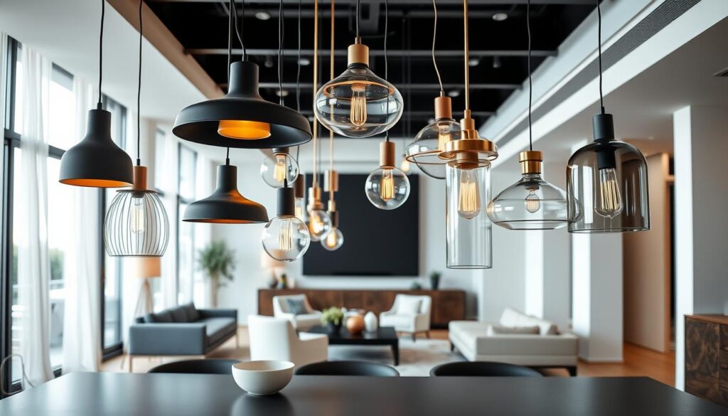 A stylish, contemporary interior featuring a cluster of elegant pendant lights hung at varying heights, showcasing unique designs and finishes, such as matte black, polished brass, and frosted glass. In the foreground, a sleek dining table is set with minimalist decor, emphasizing the exquisite lighting as the focal point. The middle ground includes modern furniture pieces with clean lines, fostering an open and inviting atmosphere. Soft, warm lighting emanates from the pendant lights, creating a cozy and welcoming mood. In the background, light-colored walls and polished wood flooring complement the fixtures, enhancing the overall sophistication of the space. The composition is captured from a slightly elevated angle, emphasizing the interplay of light and shadow in the room.