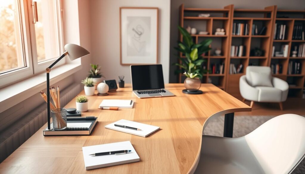 A stylish corner desk positioned in a well-lit home office, featuring a sleek wooden surface with a modern design. The foreground showcases neatly arranged office supplies, a small plant, and a laptop, demonstrating an organized workspace. In the middle, the corner desk is strategically placed next to a large window, allowing natural light to flood in, enhancing focus. The background includes soft, neutral-colored walls adorned with minimalistic décor such as framed artwork and a bookshelf filled with books, creating a calming atmosphere. The lighting is warm and inviting, evoking productivity and creativity. The composition is shot from a slightly elevated angle, capturing the essence of an ideal workspace for concentration and efficiency.