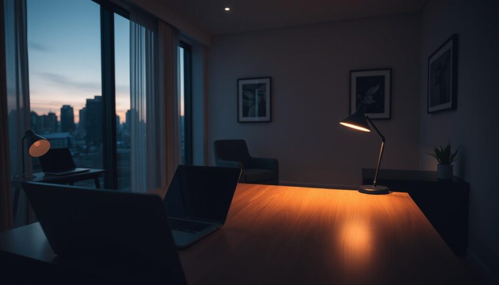 A stylish, minimalist office workspace at dusk, illuminated by a soft, fading light. In the foreground, a sleek wooden desk is partially obscured by shadows, with an elegant laptop and a small, decorative plant. The desk lamp casts a warm glow, gradually losing its brightness, hinting at the transition from work to relaxation. In the middle ground, a comfortable chair sits invitingly, while the backdrop features a wall adorned with tasteful art. Large windows reveal a silhouette of a city skyline, with the last light of sunset casting a serene atmosphere. The overall mood is tranquil and sophisticated, emphasizing the concept of a disappearing workspace as day turns to night, creating a perfect balance between professional and personal space.